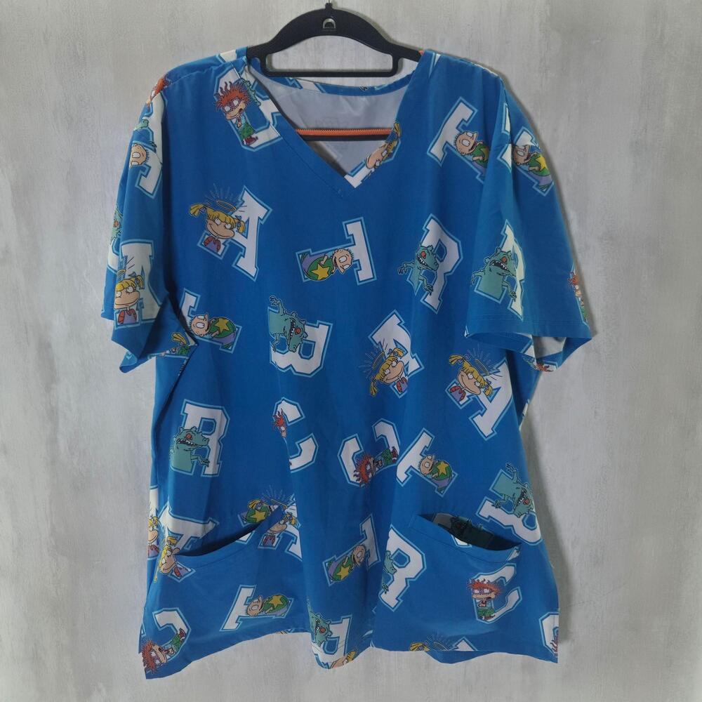Rugrats Blouse Womens XL Blue V-Neck Tunic Scrub Top Pockets Cartoon Graphic